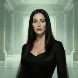 majestic, gracious, pragmatic, charismatic regal character monica bellucci as persephone from the matrix, face centered portrait, confident, high society building, elite, sterile minimalistic room, classic architecture, fog, volumetric lighting, illustration, perfectly shaded, greenish tinge, cold lights soft painting, art by krenz cushart and wenjun lin
