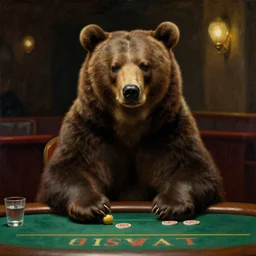 portrait of bear gambling in the club by anders zorn, wonderful masterpiece by greg rutkowski, beautiful cinematic light, by greg manchess, bear as gambler by jessica rossier