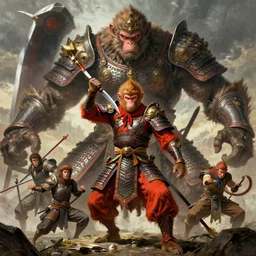 monkey king medieval chines armor fighting giant monster by gaston bussiere, greg rutkowski, yoji shinkawa, yoshitaka amano, donato giancola, tim hildebrandt, trending on artstation, featured on pixiv, cinematic composition, extreme detail