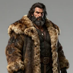 high quality matte painting of a fantasy middle - aged burly lumberjack with a beard, dark hair, wearing a fur coat