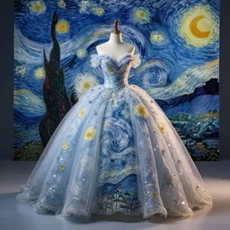 Stunning photograph of a magnificent and ethereal ball gown designed after by Van Gogh's Starry Night. Studio lighting