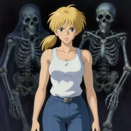 portrait of a woman being stalked by ghostly skeleton, blonde ponytail, tank top, jeans, horror, film still, finely detailed features, baroque, digital painting, studio ghibli, tankobon, painted by ilya kuvshinov and makoto shinkai