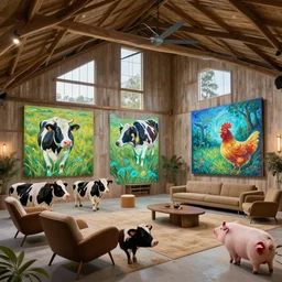 interior view of modern futuristic farm barn architecture and interior design, lounge chairs with cows, sofas with pigs and chickens, wall art, detailed luminescent oil painting 4 k