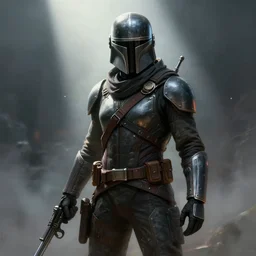 a character design of an intergalactic bounty hunter, sci - fi, hyper realistic, painting, full of details, volumetric lights, fog, spotlight, movie scene, dramatic, in the style of greg rutkowski,