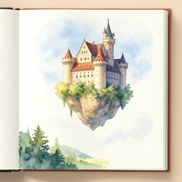 laputa castle in the sky flying high in the sky, watercolor illustration for a book
