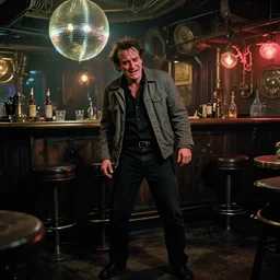 the full - body shot of crying unkempt drunkard brawler ( ( ( ( ( ( joaquin phoenix ) ) ) ) ) ) with sideburns worn in grey jacket in steampunk bar makes scandal, still shot from withnail & i movie with cinematography of christopher doyle, frostpunk, neon light reflectied from discoball, anamorphic, optical flares, kodak film, masterpiece, 8