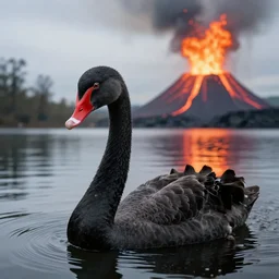 a black swan which has an ape head, swimming in the lake as a volcano is erupting money instead of lava as background. portrait photography, high definition, 4 k, 8 k, popular on national geographic, highly detailed feathers.