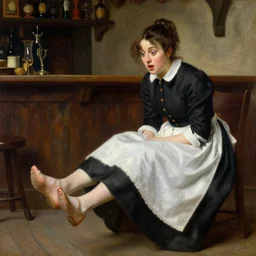 painting by Edmund Blair Leighton of a barmaid in old fashioned clothes looking at her own feet with a slightly surprised expression, medieval tavern in the background, 4k oil on linen by Edmund Blair Leighton, highly detailed, soft lighting 8k resolution