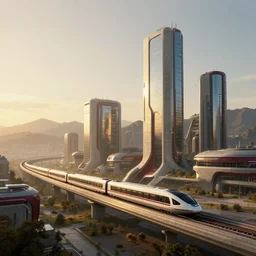 futuristic city center with 890J maglev train and mountains in background, modern landscape architectural design for industrialpunk concrete and glass, maroon metallic accents, gorgeous lighting, golden hour, cyberpunk, 2077, dramatic lighting and composition, photography, 8k, origin 100i, star citizen concept art, single line, golden ratio, minimalistic composition