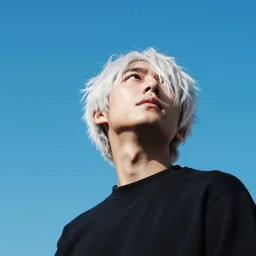 a man with white hair gazing up at the blue sky. By Dan Volbert. Ruan Jia. Ayami Kojima