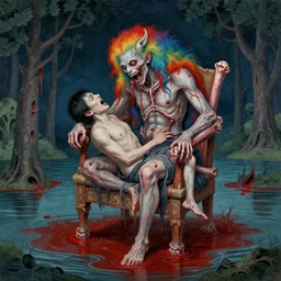 a sacred painting of a beautiful flesh - eating timikawa with rainbow fur eating a screaming man, sitting on chair made of human limbs, the chair is floating in a lake of blood, surrounding the lake are melting trees, tibetan thangka, nightmare scene, supernatural, highly detailed, creepy, terrifying