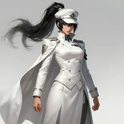 a highly detailed illustration of fierce tall amazon messy ponytail black haired one armed delinquent japanese woman wearing uniform white cap wearing long white jacket with cape, muscular, intricate, elegant, highly detailed, centered, digital painting, artstation, concept art, smooth, sharp focus, league of legends concept art, wlop.