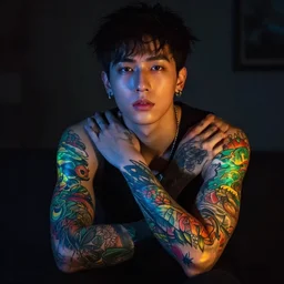 a beautiful young man has colorful tattoos on his arms. the tattoos glow with light. beautiful. dark room