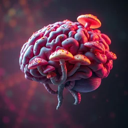 awesome logo of a brain covered psilocybin mushrooms synthwave colours, in the style of spirited away, hyperrealism, photography, sharp focus, lush detail, award winning