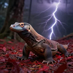 a close up, colored, red leafs forest photograph of a komodo dragon with intense bright lightning, wide - angle lens, soft focus