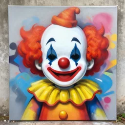 cute clown as graffiti art on a canvas by lee, spray paint, hyperrealism, photo realistic, masterpiece, centered, trending on artstation