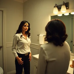 ultra wide angle photo of torrey devito dressed in a white blouse and black dress pants as diana prince looking at herself in a bathroom mirror and seeing her reflection as wonder woman