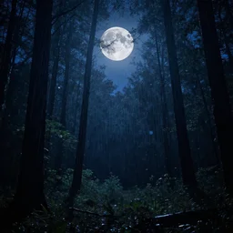 an forest at night with a big moon shining down on it with light rain, hint of blue lighting, calming, highly detailed,