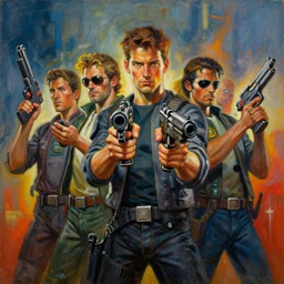 ! dream a painting of a group of people holding guns, a fine art painting by ron walotsky, trending on deviantart, neo - primitivism, movie poster, poster art, sci - fi