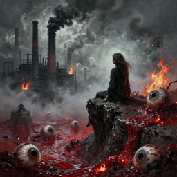 Haunting horrifying hyperrealistic detailed painting of a human woman sitting atop a cliff looking out to the distance at a factory with huge chimneys and plumes of smoke and of flames in a foggy hellscape with spread out pools of crimson red gelatinous liquid and goop, eyeballs bulging, sparks of fire flying, dystopian feel, heavy metal, disgusting, creepy, unsettling, in the style of Michael Whelan and Zdzisław Beksiński, lovecraftian, hyper detailed, trending on Artstation