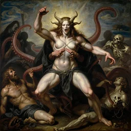 elegant renaissance painting of sorceress final boss bodybuilder vecna battle, art by alex ross and peter mohrbacher, epic biblical depiction, flesh and bones, fangs, teths and tentacles, corpses and shadows!
