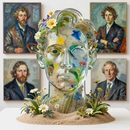 a sculpture portrait made of glass and sand and flowers and plants, painting part by wojciech siudmak, part by ilya repin, part by max ernst, part by norman rockwell, artstation