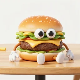 a cheeseburger character with googly eyes and french fry arms legs sitting on wooden table, concept art painting character design, featured on artstation unreal engine 5, realistic textures, 3 point lighting