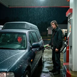 late night at a gas station, rain pouring down, a man stands outside pumping gas into his car, a hearse is next to his car, he glances over and sees bright red eyes glaring from the driver ’ s seat