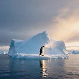photo of the most beautiful panoramic landscape, where a giant iceberg is lost in middle of the artic ocean, a giant penguin is exhaling steam while walking over the iceberg, there is nothing else, the artic ocean is reflecting the giant penguin over the iceberg and the ray lights of the sunset are brightening him, award winning photo, minimal style,