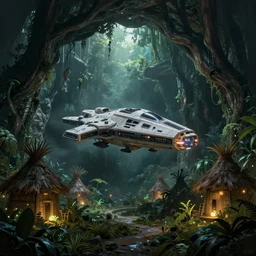 an intricate concept art of a a human starship landing on a an open cave in middle of a rainforest amazon with alien tribe huts, large alien trees and wild glowing plants, gloomy, sci - fi art, star wars inspired, cinematic lighting, artstation, art by tony sart,