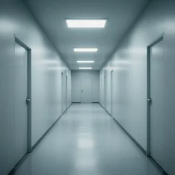 hallways of underground lab, sterile, clean, cinematic, liminal space, unreal engine, photorealism, haunting