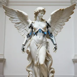 marble sculpture of female angel with solarpunk mecha humanoid robotic parts with bright led lights, pudica pose gesture, by michelangelo, in white room, ultra - realistic and intricate, hdr 8 k