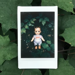 Polaroid photo of a creepy doll found in a forest bush through the leaves