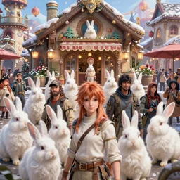 an epic fantasy comic book style portrait painting of a group of white fluffy bunnies outside a restaurant village, decorations, fantasy, crowded, character design by mark ryden and pixar and hayao miyazaki, unreal 5, daz, hyperrealistic, octane render, cosplay, rpg portrait, dynamic lighting, intricate detail, winter vibrancy, cinematic,