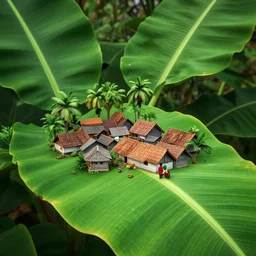 very very small kerala village by wlop, sitting on a gigantic green plantain leaf by ilya kuvshinov, rtx rendering, octane render 1 2 8 k, maya, extreme high intricate details by tom bagshaw, medium shot, close up shot, composition by sana takeda, lighting by greg rutkowski