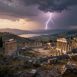 panoramic view, ancient greek ruins, colums, buildings, hills, mountains, lake, dawn, sunset, dramatic lightning, unreal engine render, detailed