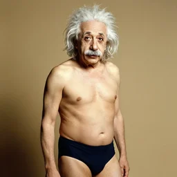 Photo of Albert Einstein in swimsuit, soft studio lighting, photo taken by Anne Liebovitz for Abercrombie and Fitch, award-winning photograph, 24mm f/1.4
