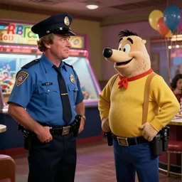 andy griffith and barney fife, police stake out, at a birthday party at chuck e cheese, mid 9 0 s, gritty, ethereal details, cinematic lighting, hyper - detailed, maximalist, artstation, 8 k