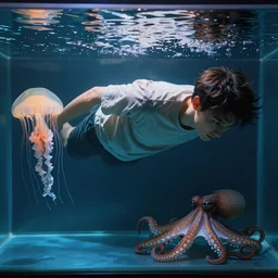 man floating in aquarium with jellyfish and octopus. octane render. hyper realistic. cinematic. cine still. mamiya. medium format.
