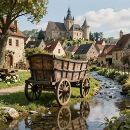an old wooden cart, in the background a medieval french village, a stream on the side, reflections, cinematic lighting, perfect composition, 4 k, gustave dore, derek zabrocki, greg rutkowski, belsinski, octane render, fantasy