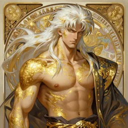painted portrait of ruggedly handsome jin kazama by artgerm greg rutkowski alphonse mucha flowing white hair streaks of gold body paint muscular physique masculine manly mature robe fantasy intricate elegant detailed digital painting concept art artstation sharp focus illustration gold paint