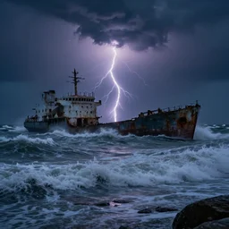 danila tkachenko, low key lighting, a ship wreck near an abandoned high soviet apartment building in the middle of the stormy ocean, storm, lighning storm, crashing waves, dramatic lighting