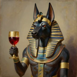 an oil painting of Anubis holding a golden goblet of red wine, realistic, highly detailed, portrait, 4k, hard lighting