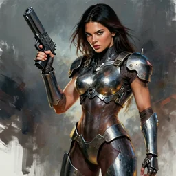 face face model face female bodybuilder kendall jenner wearing metal gear armor holding gun dramatic lighting art by brandon anschutz by yoji shinkawa by richard schmid by greg rutkowski by jeremy lipking cinematic dramatic brush strokes background