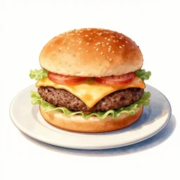 cheeseburguer, illustration, watercolor, dolly zoom, delicious, on a plate, medium size