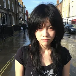 poor quality digital photo of an emo girl, black hair, sunny day after rain, british street, 2 0 0 7
