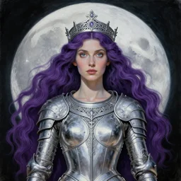painting of priestess of the moon, silver filigree armor and tiara, moon above head, purple wavy hair, smooth translucent skin, wide striking eyes, beautiful! coherent! symmetrical body, by brom, by brian froud, strong line, high contrast, muted color, preraphaelite style, 4 k, trending on artstation