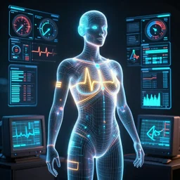 human performance, wireframe body, glowing vector, biosensors,, electrocardiograph, temperature, eye tracking, detailed, octane render, global illumination, future science, gauges and dials, graphs, blender, octane render, crt, data