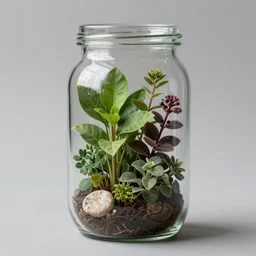 a jar with a variety of beautiful plants inside, art
