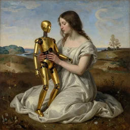 a golden robot is held tenderly by a cloth draped woman in a field, a renaissance painting by steven belledin, featured on cg society, transgressive art, androgynous, genderless, dystopian art